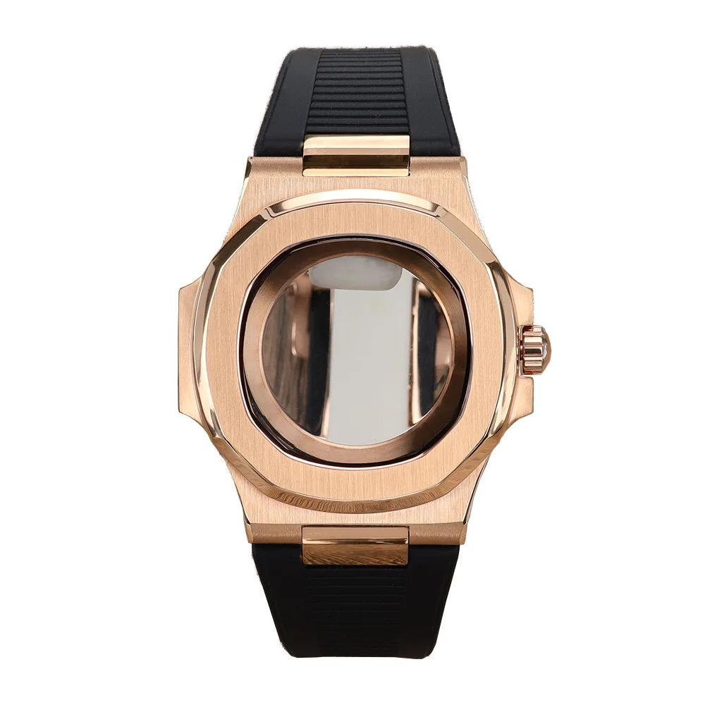 40mm Roségold PVD NH35 Uhrengehäuse mit Kautschukarmband und Saphirglas für Nautilus NH35 NH36 NH38 Uhrwerk, durchsichtiger Boden, modisch, wasserdicht