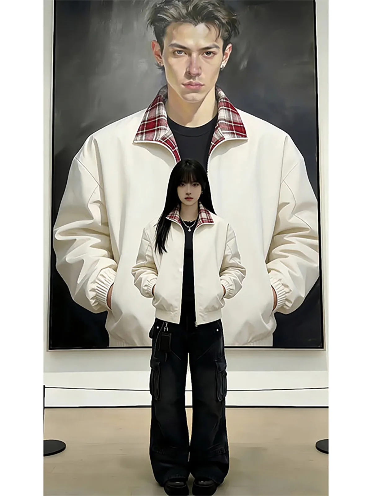 American Style Plaid Sporty Jacket for Men Autumn High Collar Short Baseball Uniform Casual Loose Fit Iron Free Long Sleeve