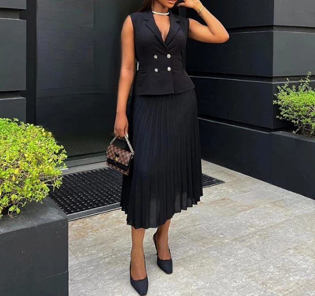 

Fashion Summer Women Temperament Commuting Two-piece Notched Collar Double Breasted Sleeveless Vest Top and Pleated Skirt Set