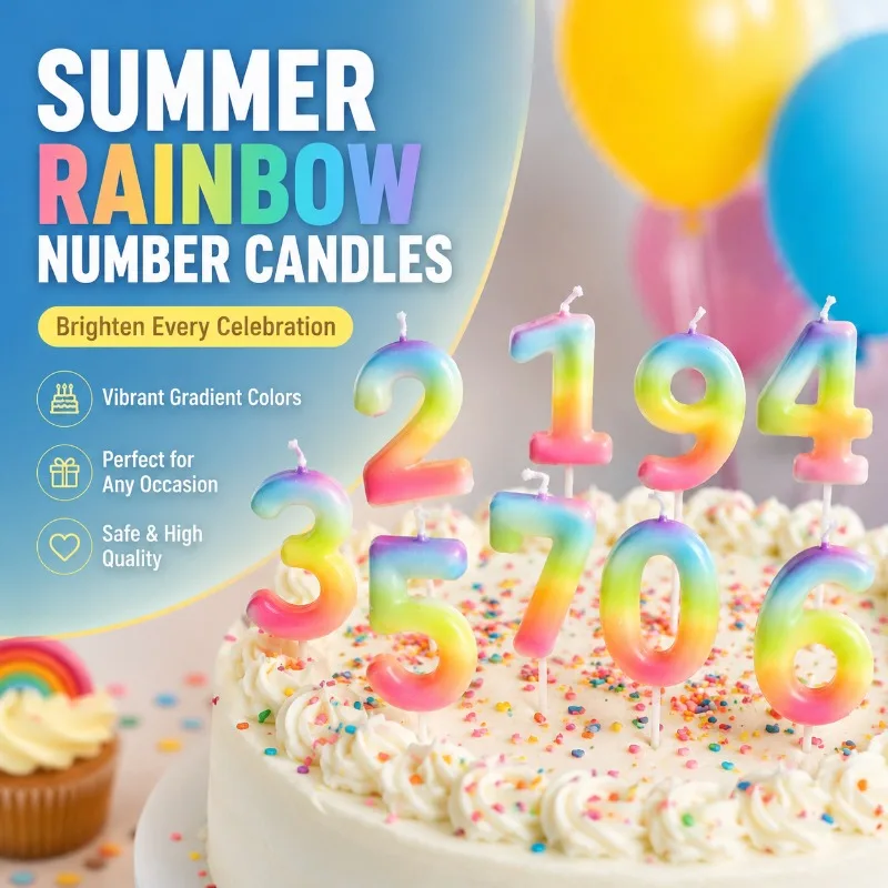 Summer Gradient Rainbow Number Candles Creative Birthday Decor Color Changing Wax Sticks Beautiful Cake Ornament Festive Party