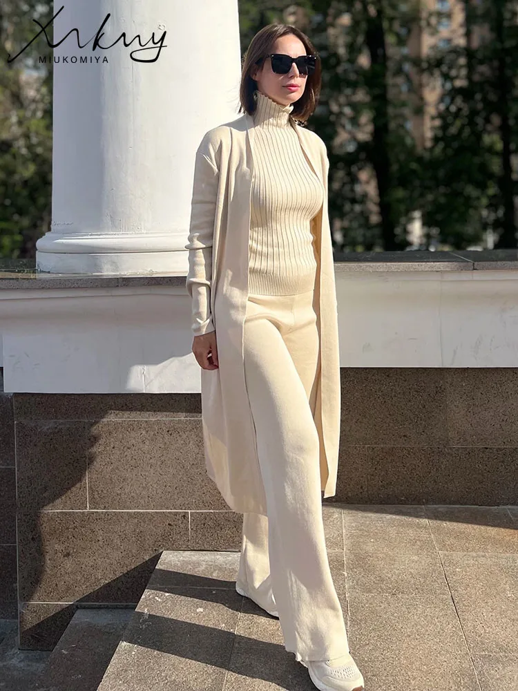 Spring 3 Pieces Set Outfits Women Knitted Suits Pants Sets Khaki Turtleneck Vest Long Cardigans Loose 3 Pieces Suit For Women