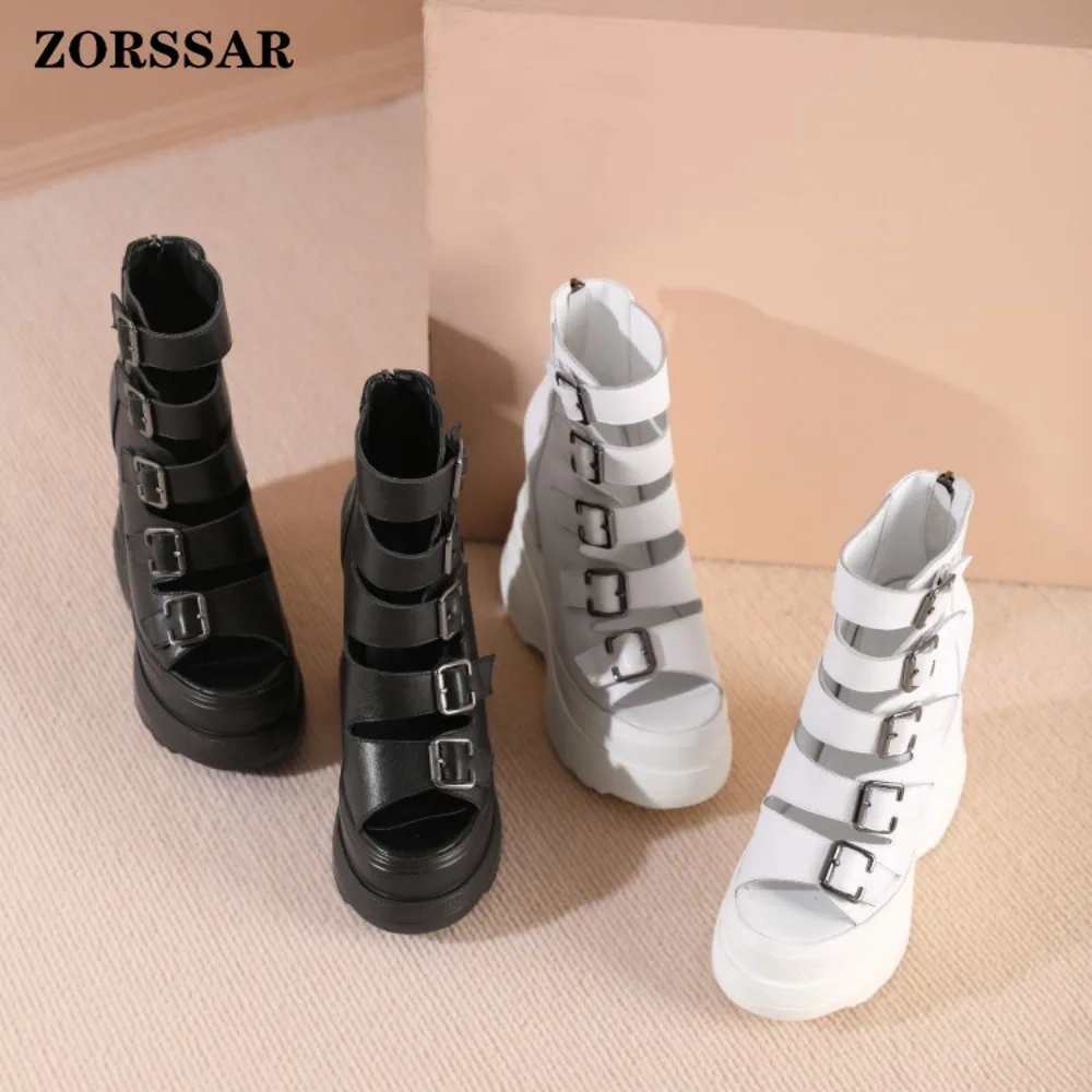 Women's White 16cm Super High Heel Wedge Platform Sandals Cutout Ankle Boot Open Toe Back Zipper Multi Buckle Strap Party Shoes view 4