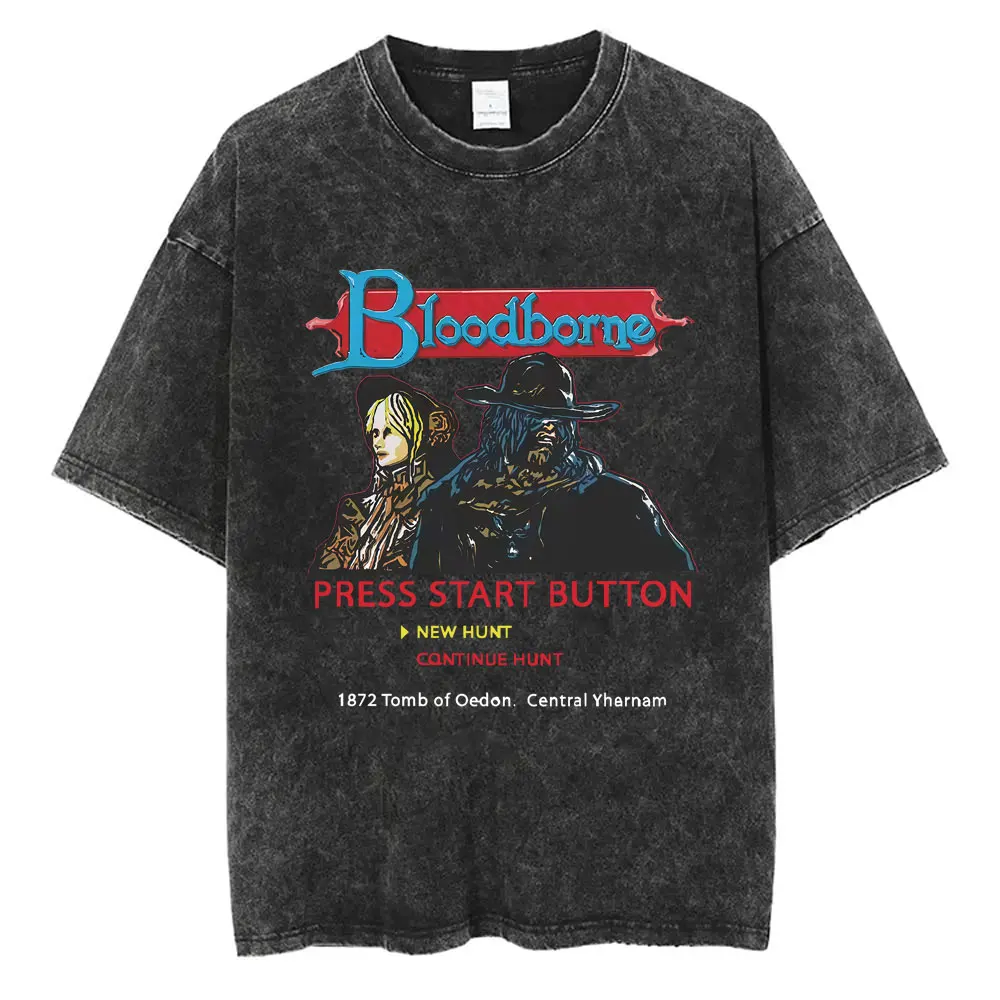 Washed Vintage Game Bloodborne Horror Hunter T Shirt Men Women Casual Rock Cotton T-shirt Male Gothic Retro Oversized Streetwear