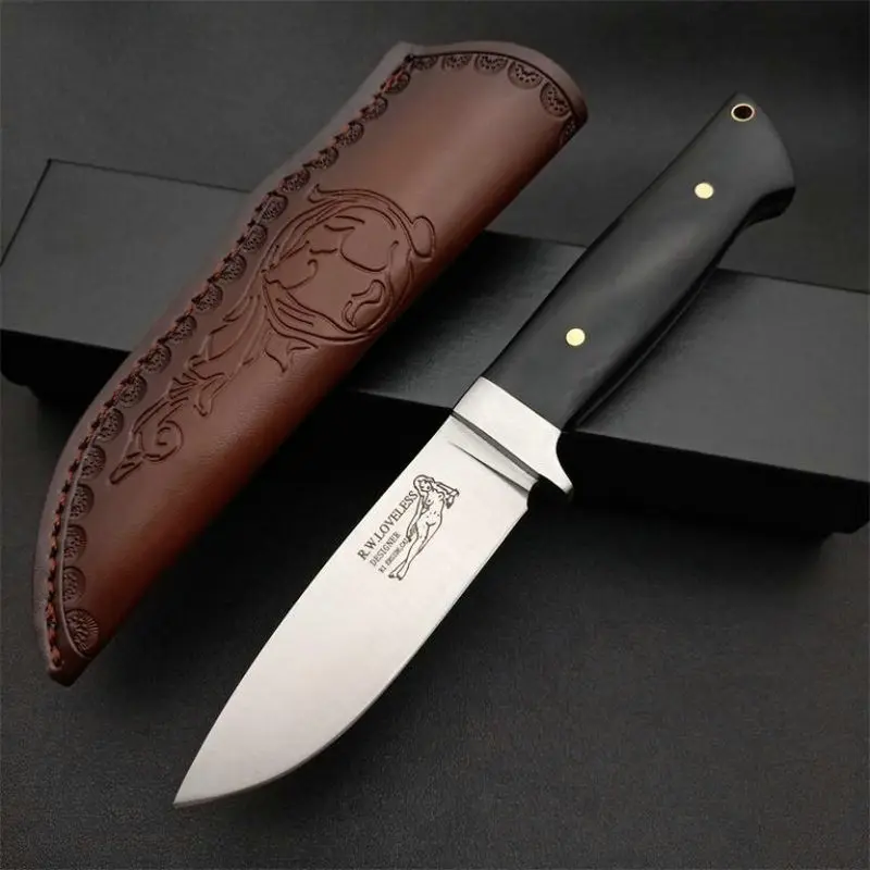 TRSKT RW Loveless Hunting Knife Camping Outdoor Knives D2 60Hrc Blade,Wood Handle With Leather Sheath Gift For Man Freesshipping