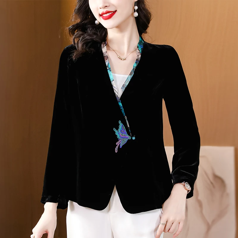 2024 Black Velvet Chic Embroidery Formal Jackets Autumn Winter Elegant Luxury Top Coats Women Korean Vintage Bodycon Top Jackets