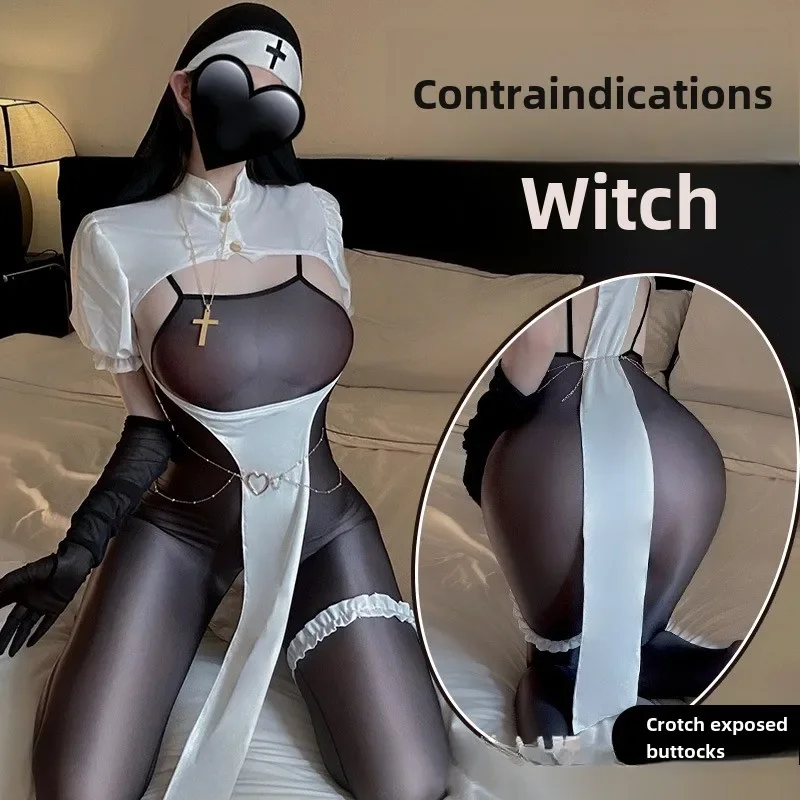 New Nun Tight Black Stockings Sexy See-through Backless Maid Uniform Cosplay Halloween Costume Clothing Woman Pajamas Women Porn