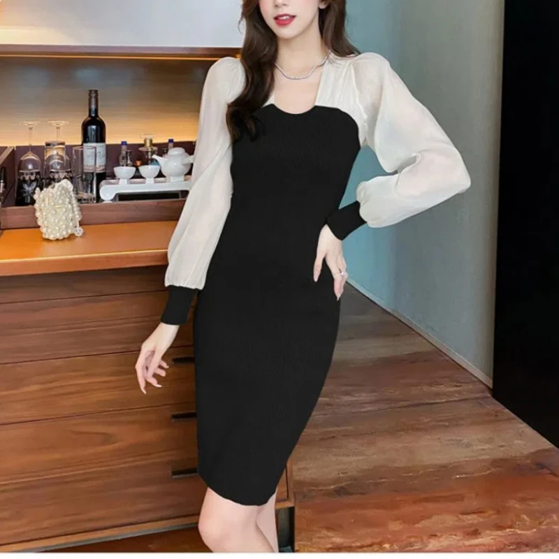 Spring Autumn Women\'s Clothing Lantern Long Sleeve Pullover V-Neck Contrast Color Comfortable Flattering Knee Skirts Dresses