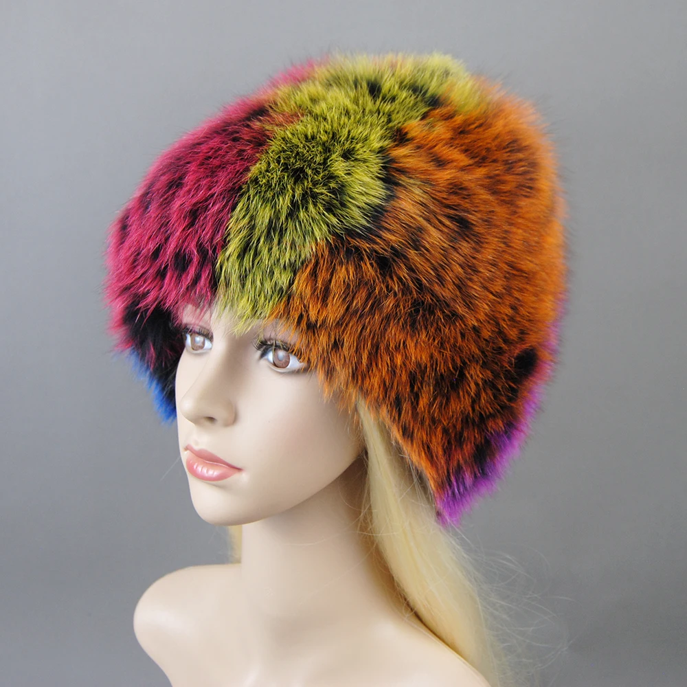 Real Fox Fur Pompom Bomber Winter Hats Russian Female Ski Mask Natural Raccoon Fur Hat Knitted Skullies Beanies Fall Women\'s Cap