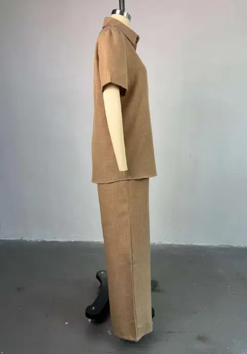 

Summer 2025 Women's Casual Solid Color 2-Piece Set with Loose Collared Short Sleeved Shirt and High Waist Wide Leg Pants Set