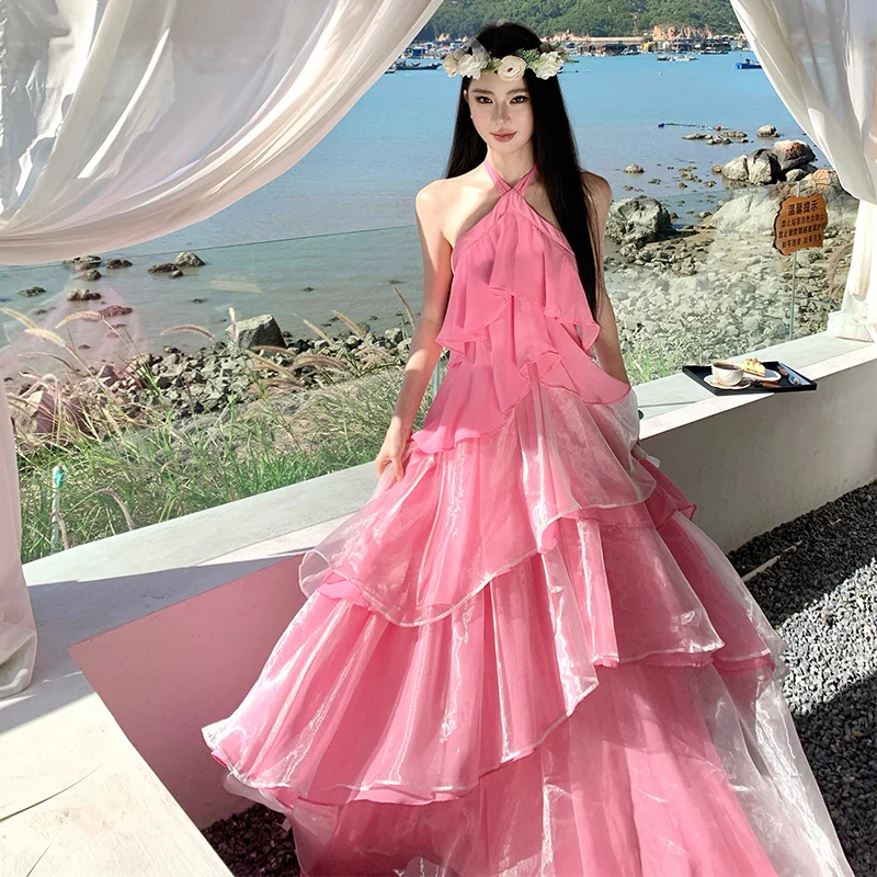 Elegant Pink Evening Gown for Women Birthday Adult Ceremony Art Exam High Society Engagement Holiday Neck Hanging Dress