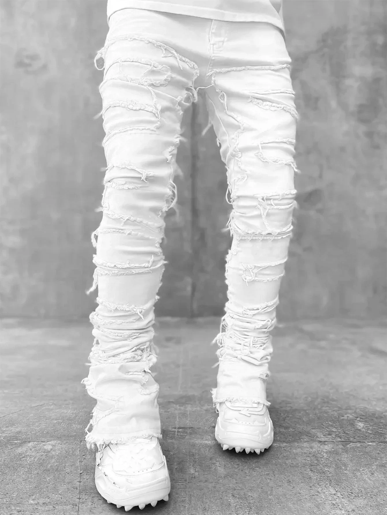 

Pop High Street White Men's Stacked Jeans Stretched Patchwork Tassel Damaged Denim Full Length Pants Hip-pop Trousers For Male