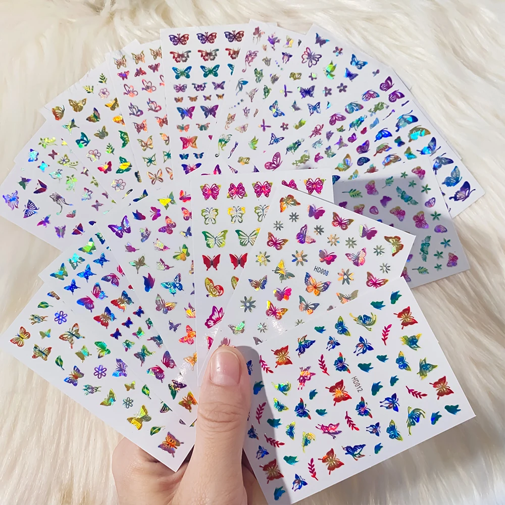 16/12/10/8/6Pcs Laser Butterfly Nail Stickers 8*10cm Colorful Butterfly Transfer Decals Self-adshesive HOLO Butterfly Sliders &*