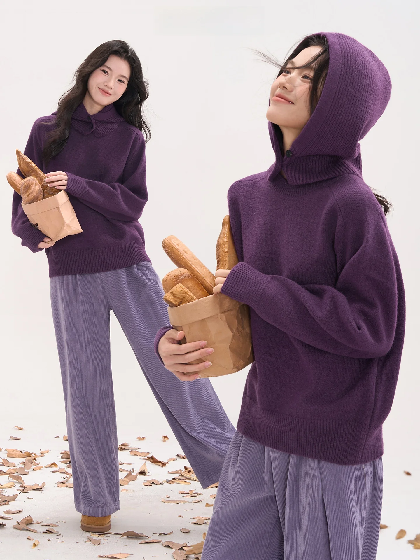 

Вязаный комплект: шапка, шарф и свитер для женщин, свободный крой, длинный рукав, круглый вырез, однотонный, для повседневной носки, осень-зима, теплый