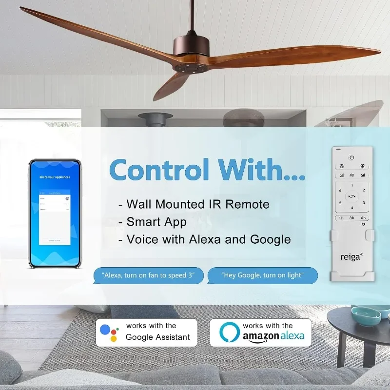 Reiga-DC Motor Smart Ventilador de Teto, Interior e Exterior, Moderno, Alto CFM com 3 Lâminas de Madeira, WiFi, Alexa App, Controle Remoto, 65"