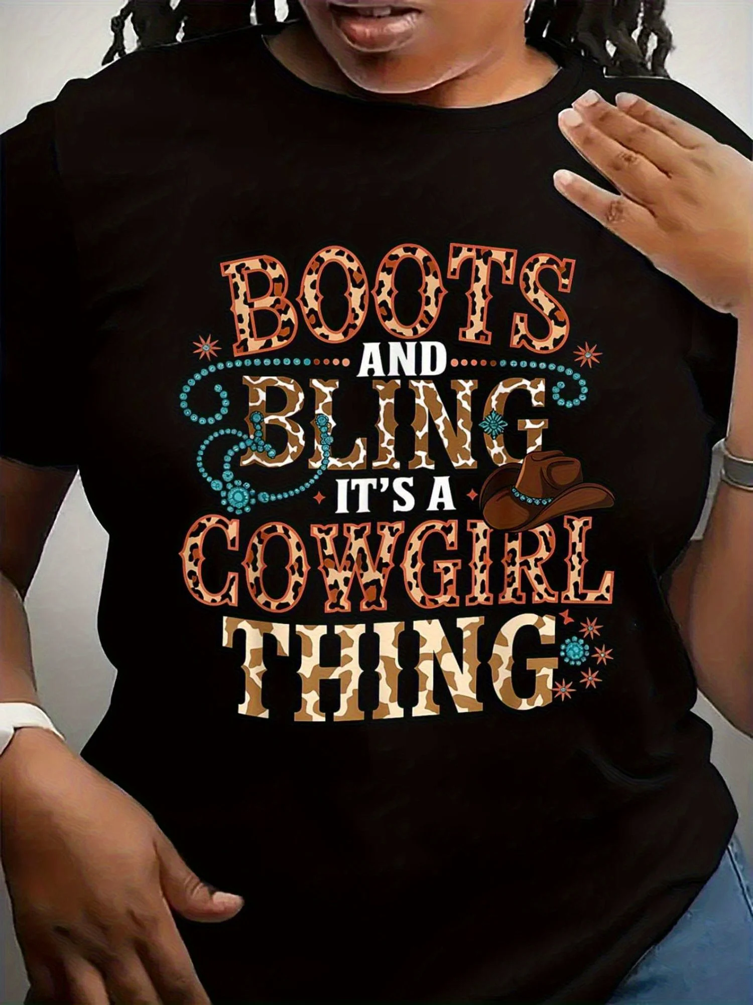 

[Western Cowgirl Tee] Black Women's Western Cowgirl T-Shirt | "Boots and Bling" Print, Round Neck Short Sleeve