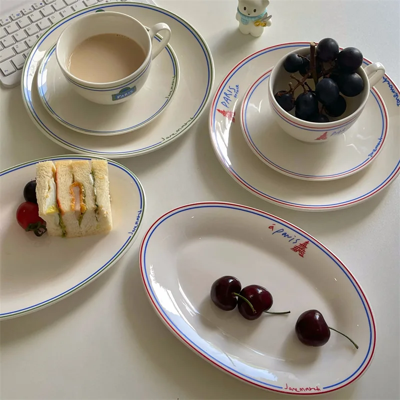 

French Retro Red and Black with Lines Letter Ceramic Tableware Set Breakfast Plate Fish Plate Dessert Plate