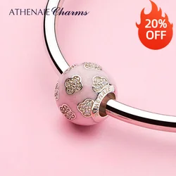 ATHENAIE 925 Sterling Silver Pink Enamel Shine Zircon Lucky Clover Bead Charms fit Bracelet DIY Jewelry Birthday Gift