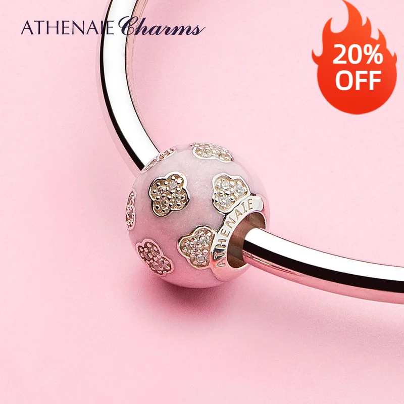 ATHENAIE 925 Sterling Silver Pink Enamel Shine Zircon Lucky Clover Bead Charms fit Bracelet DIY Jewelry Birthday Gift
