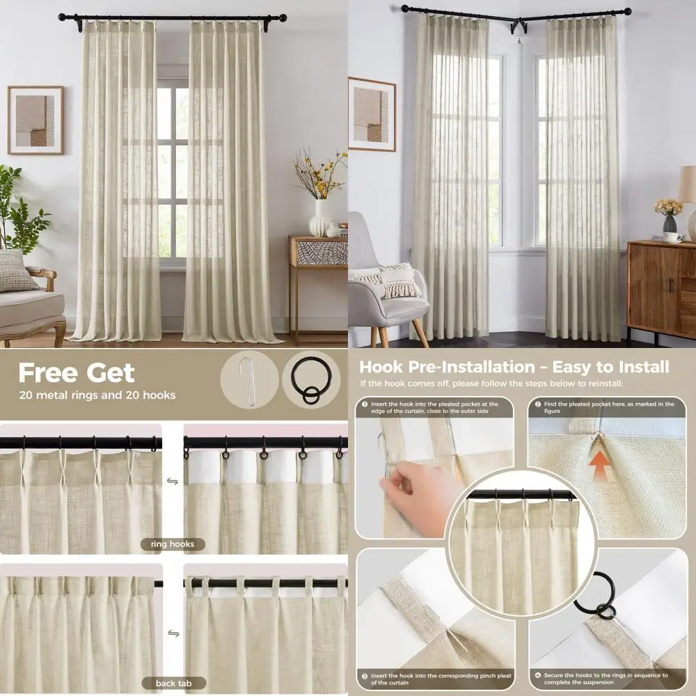 Linnen gordijnen met knijpplooi in boerderijstijl, semi-transparante lichtfiltering, 90 lengte, set van 2 panelen