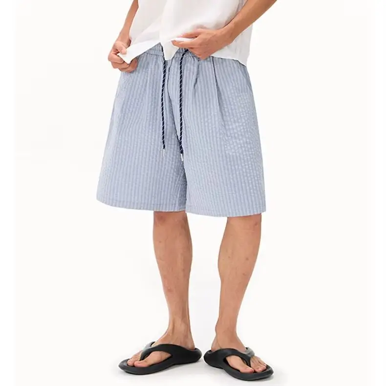 Men's Vintage-Style Striped Textured Suit Shorts: Summer Creased Straight-Leg Loose-Fit Minimalist Casual Cropped Trousers
