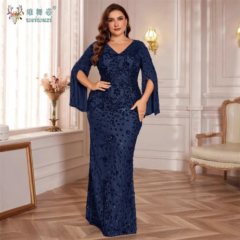 가을 고급 이브닝 드레스 슬릿 롱 슬리브 플러스 사이즈 슬리밍 기질 시퀸 자수 피쉬테일 스커트 이브닝 가운