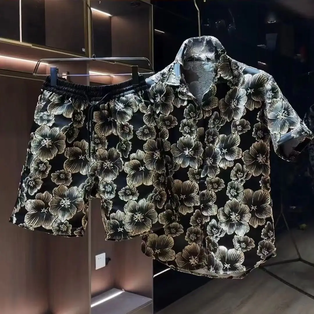 Ethnic Style Embossed Gold-hot Flower Short-sleeved Shirt and Shorts Two-piece Set Men Summer Loose Black Gold Shirt Set
