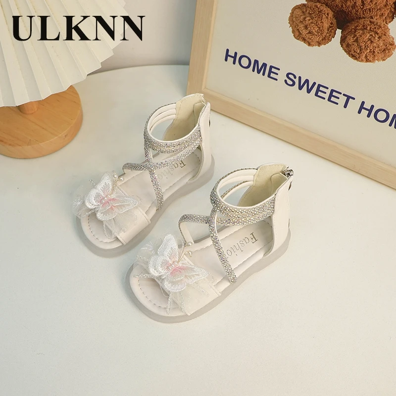 

Girls' sandals 2024 new summer children's princess pink crystal sandals kid's soft soled bow big children's Roman shoes