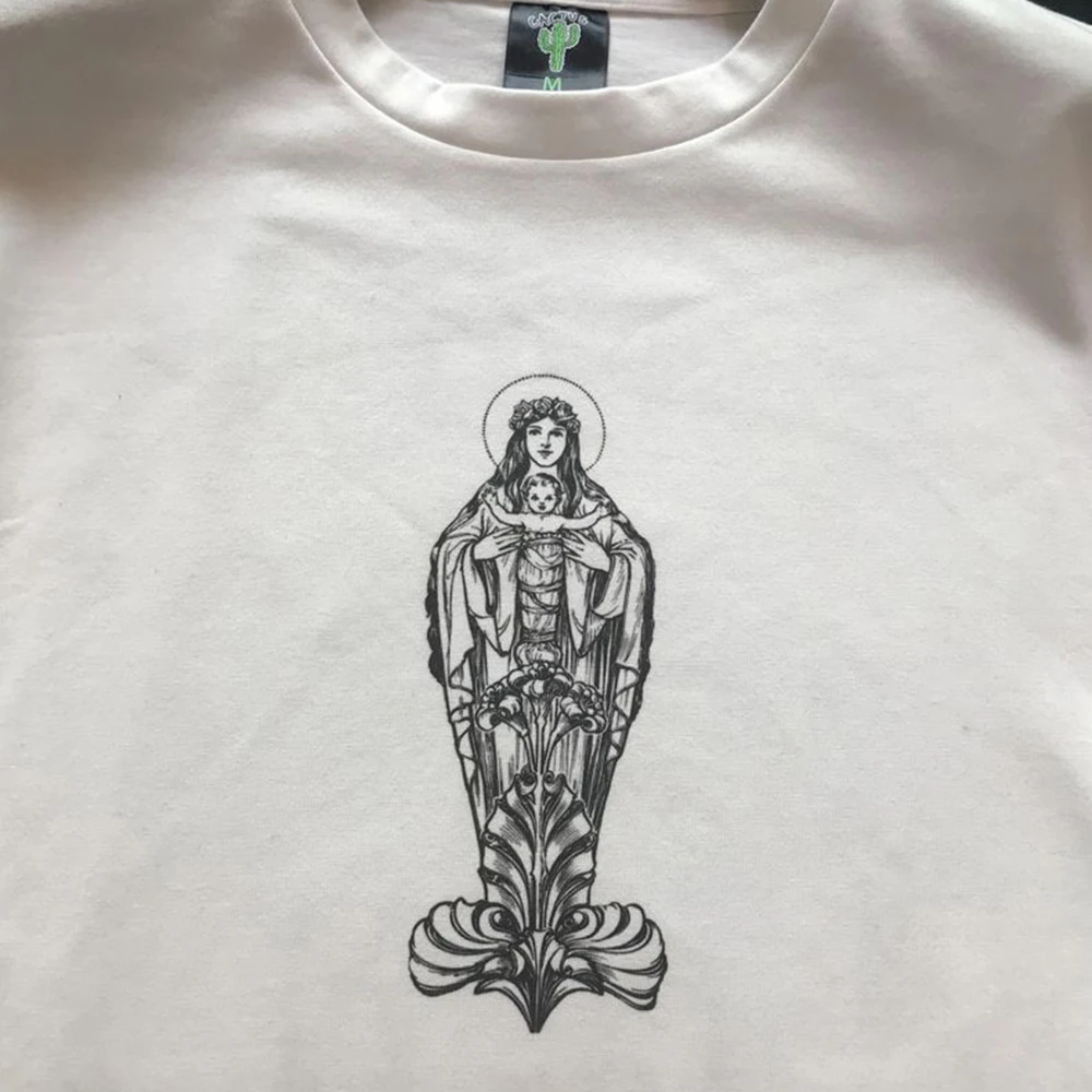 Cotton Casual Short-sleeved T-shirt Men's Hand-painted Virgin Mary College Style Little Angel Trendy Brand Loose and Versatile