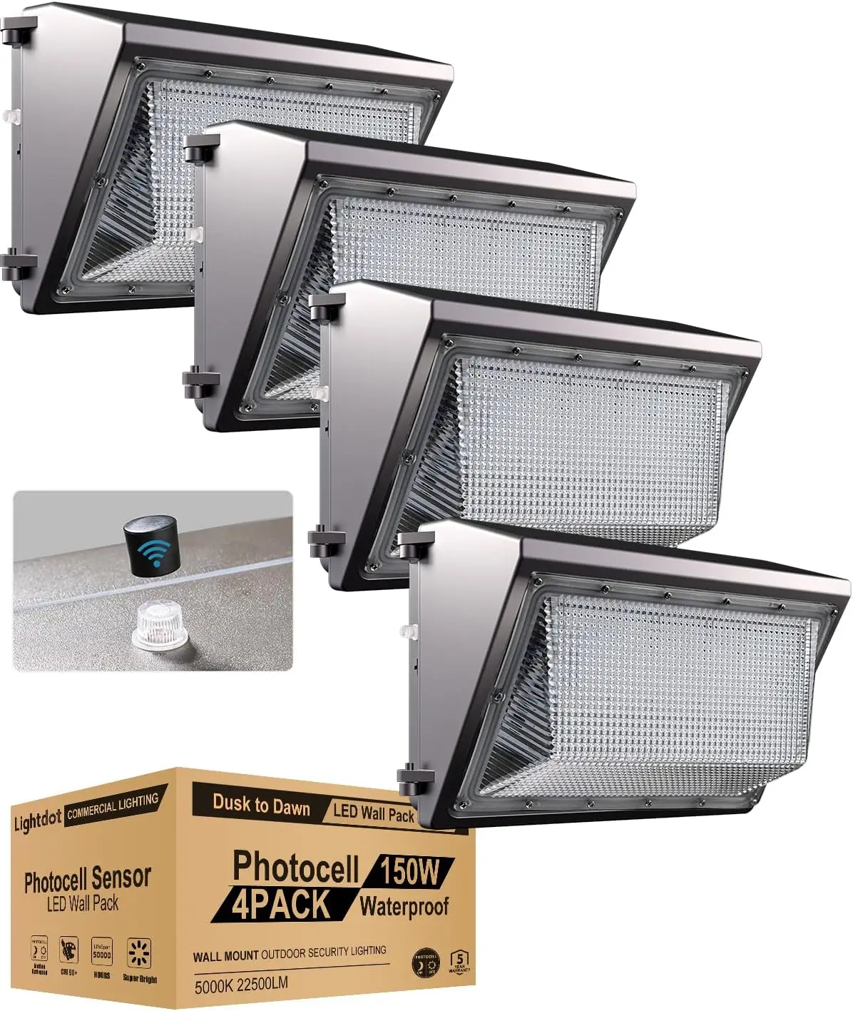 

4Pack 150W LED Wall Pack Lights, 100-277v Dusk to Dawn with Photocell, 22500Lm 5000K Daylight IP65 Waterproof