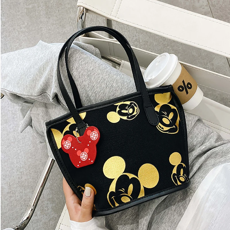 MINISO Disney Cute Print Mickey Canvas Bag Cartoon Fashion Casual Mini Handbag Shoulder Bag Water Bucket Bag