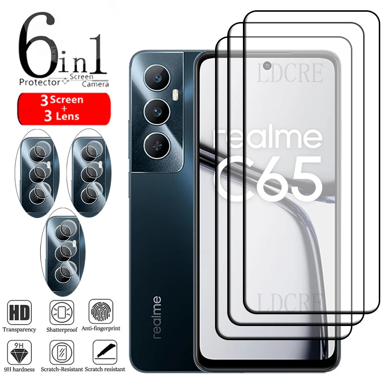 6in1 For Realme C65 Glass OPPO Realme C65 Glass Full Cover Glue Protective 9H HD Screen Protector For Realme C65 C 65 Lens Glass