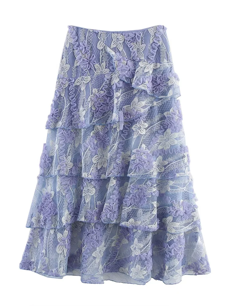 

Новая женская мода в европейском стиле, универсальная многослойная юбка с высокой талией и трехмерной цветочной сеткой