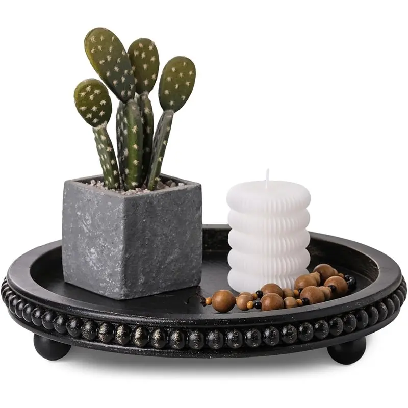 A44Z-Wooden Decorative Tray, Circular Coffee Table Tray Decorative Bead Tray, Kitchen Counter Restaurant Decoration