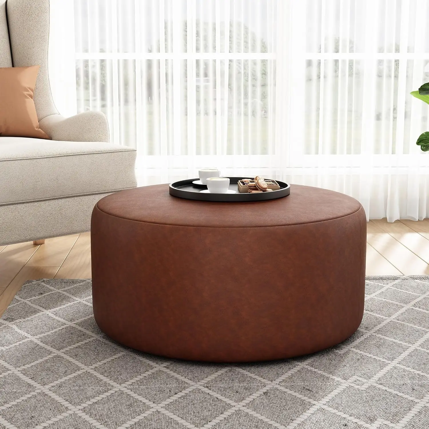 Round Ottoman PU Leather Footrest Stool Storage Ottoman Coffee Table 30-inch Living Room Brown Light Upholstered, Customized