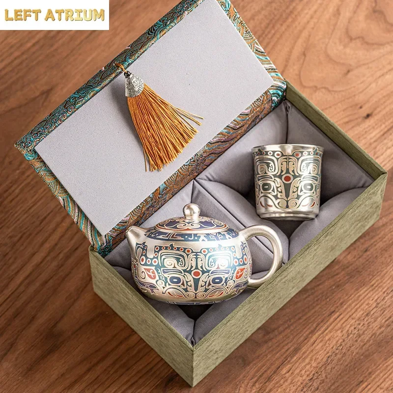 Taotie 999 silvering tea set gift box Send friends leaders high-grade business gifts Kung Fu teapot teacups with hand gift