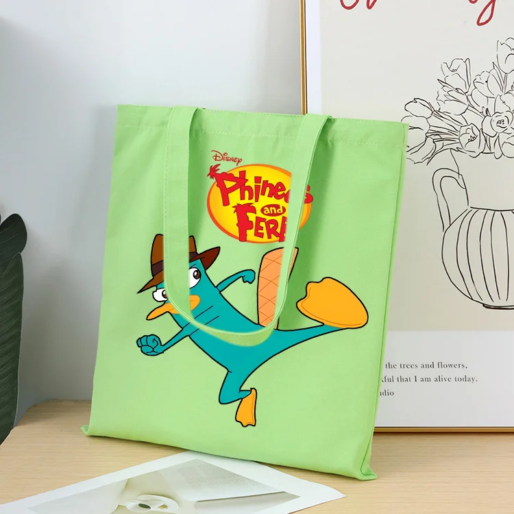 Disney Cartoon Phineas And Ferb Canvas Shopper Bag Women's Tote Shoulder Bags Reusable casual Commuter travel Foldable Handbag