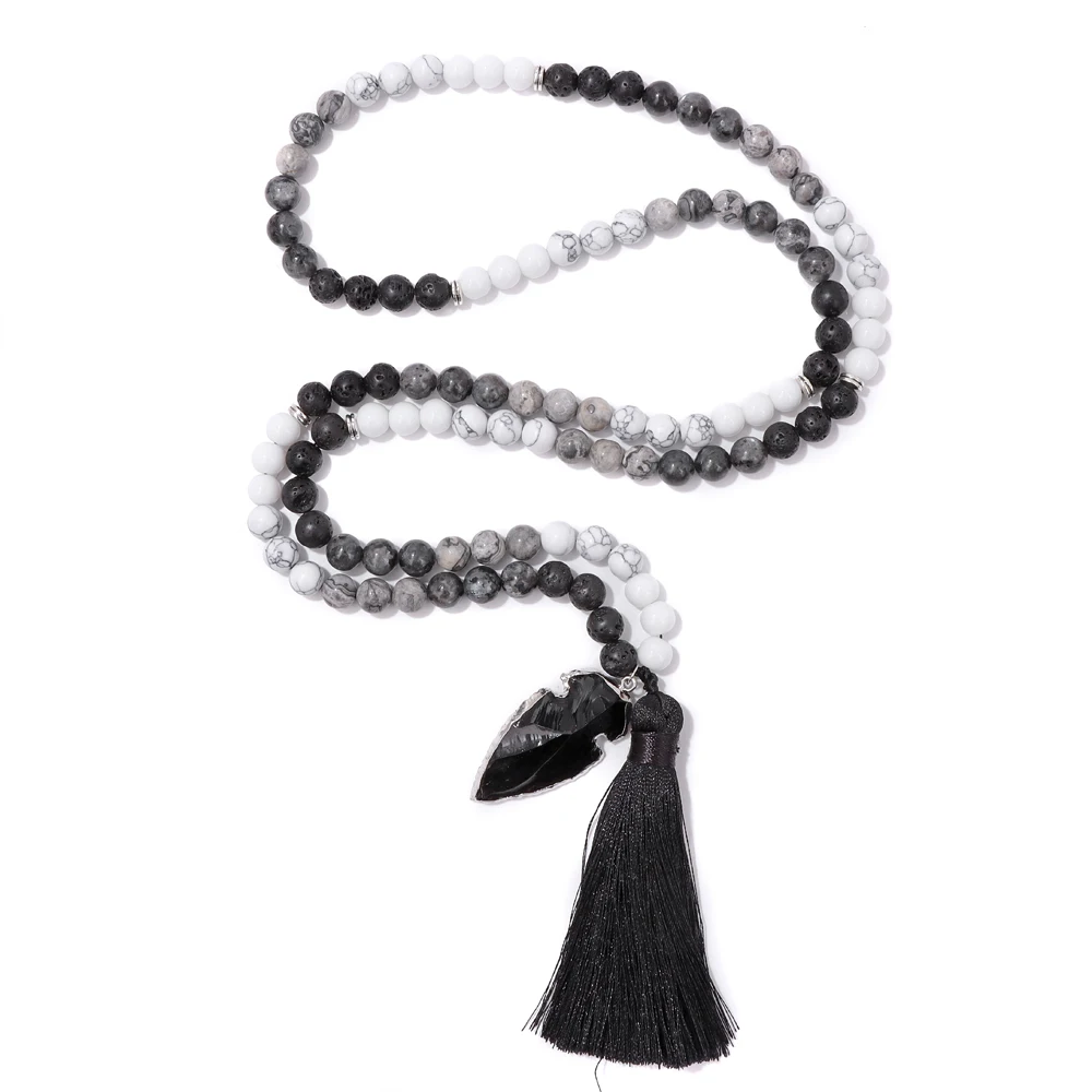 Mode Böhmische Quasten Charm Halskette Naturstein Labradorit Schwarz Lava Weiß Türkis Perlen Lange Pullover Kette Halskette – Detail 6