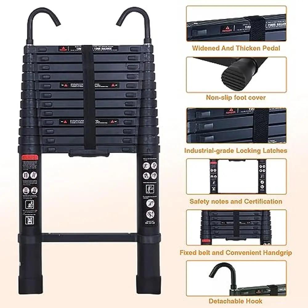 Escalera telescópica de aluminio de 12,5 pies, ligera, compacta, multiusos con 2 ganchos desmontables, extensión antideslizante, marca portátil