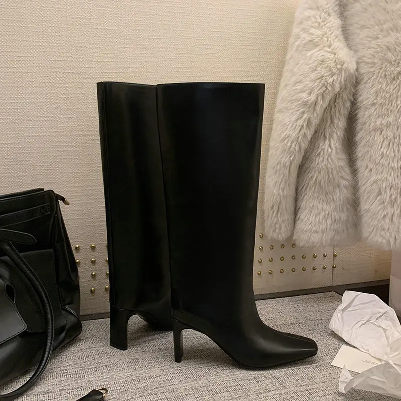 QUTAA 2027 Fashion Cow Leather Winter Women Knee High Boots Heels Western Woman Modern Sexy Shoes Motorcycle Long Boots 34-39