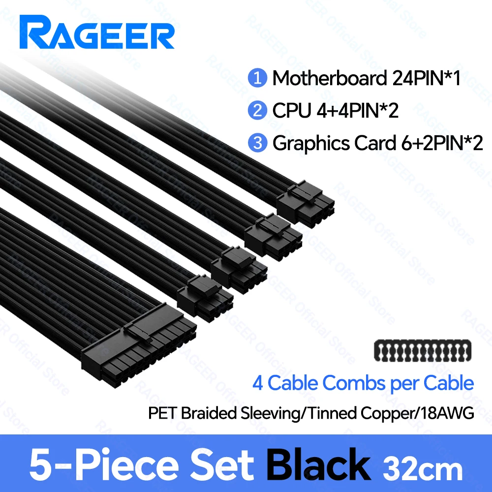 RAGEER PSU Verlengkabel Kit Moederbord ATX 24Pin GPU PCI-E 6 + 2Pin 8Pin CPU EPS 4 + 4Pin 18AWG Netsnoer Mouwen met Kammen