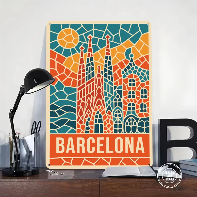 Barcelona Travel 3D Texture Metal Poster Customized Wall Art Tin Sign Gift for Mancave Vintage Decor Living Room Decoration Home