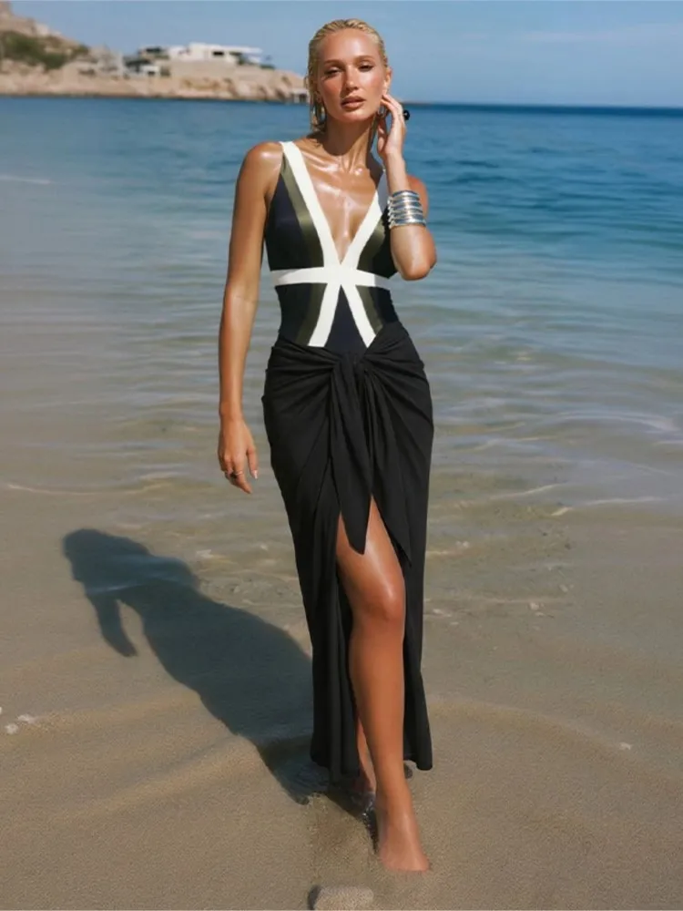 Retro Bikini Printed Fashion Two Piece Swimsuit And Cover Up With Skirt Tight Women's Bandage Summer Beach Luxury Elegant