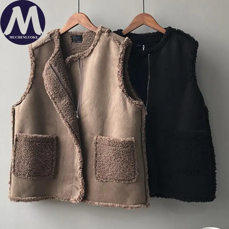 Elegant Sleeveless Jacket Women Autumn Winter Faux Lamb Fur Warm Vest Korean Fashion Casual Loose Coats for Women
