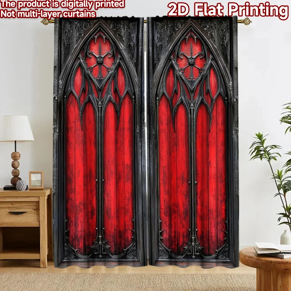 2D-Flachdruck, 2 Stück, Vorhänge für Fenster, Vorhänge im gotischen Stil, rote Türen, digital bedruckte Polyester-Vorhänge, festliche Feiertage, perfekt für