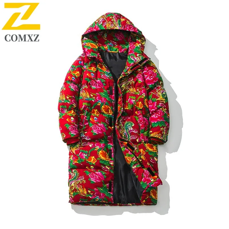 

COMXZ Brand Luxury Hooded Mens Padded Jacket Commute Office Lightweight Coat Print Design Windproof Warm Winter Clothing