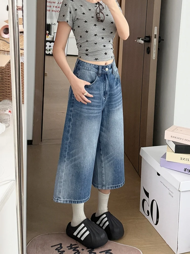 American Style High Waist Wide Leg Jeans Women's Summer New Loose Fit Seven Inch Straight Cut Denim Pants Cotton Material