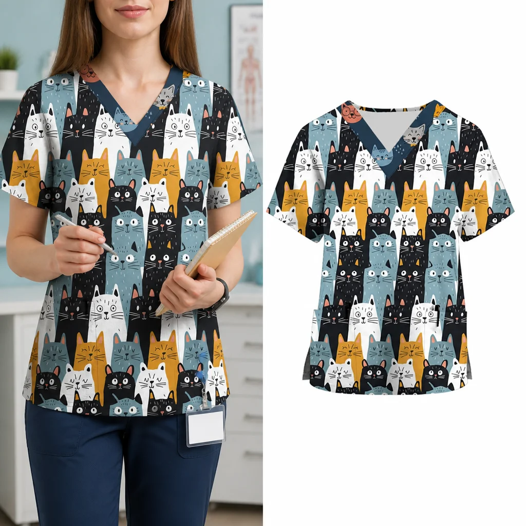 New Women's Work Uniform Cartoon Animal Print V-Neck Pocket Frosted Dental Pet Shop Women's Short Sleeve T-Shirt