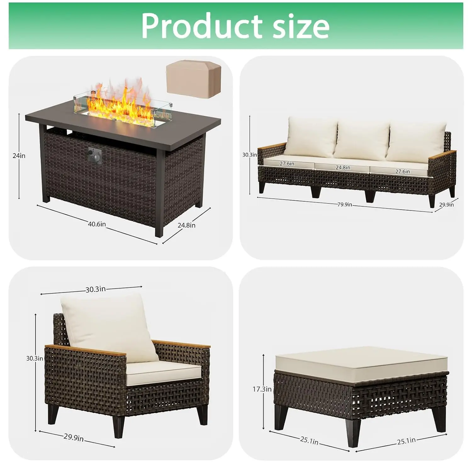 8-Piece Wicker Sectional Sofa Set with 50000 BTU Fire Pit, Thick Cushions & High Backrest for Garden Porch Poolside, Customized