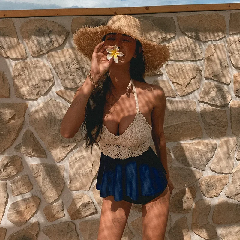 Frauen gestrickte Tankinis High Waist Bikini Set handgemachte häkeln Bikinis Badeanzug Beachwear für asiatische