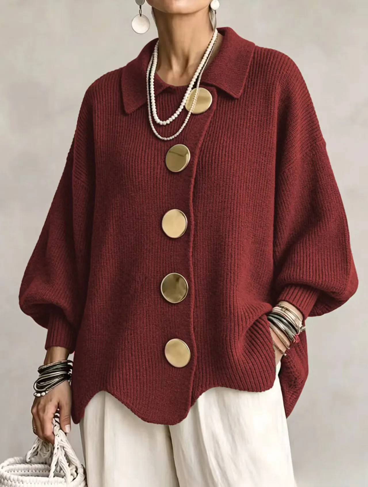 XXOWENLI Vintage Knit Cardigan Sweater Fashion Solid Lantern Sleeve Large Buttons Sweater Jacket Winter Daily Street Outerwear